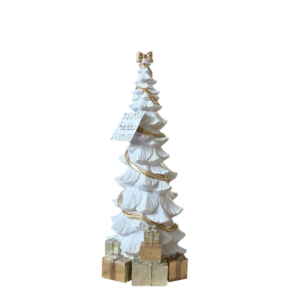 White Christmas Tree Decor Snowy Gold Bow With Presents Resin 18" Nicole Miller